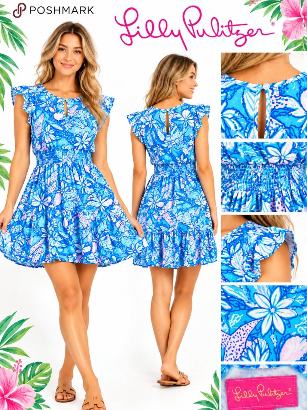 Lilly Pulitzer Blue Pink Tropical Dress Romper Built-In Shorts Smocked (size L)